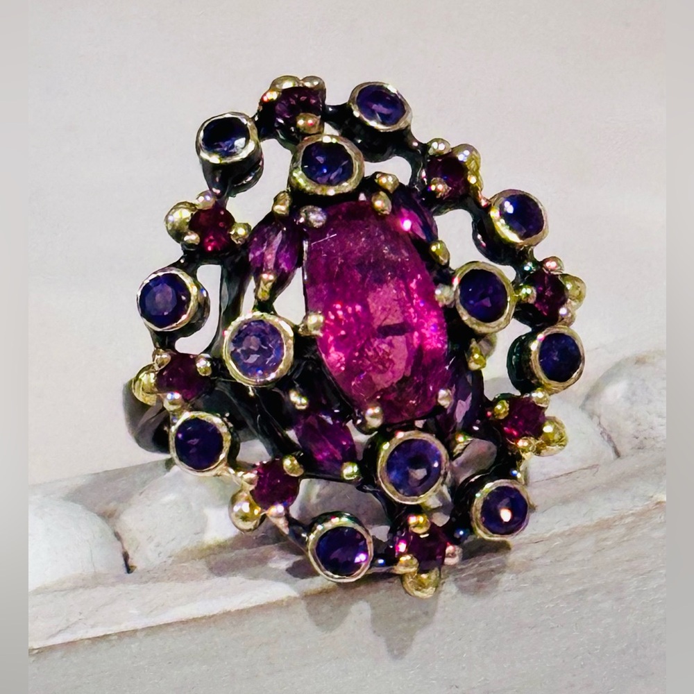 Unique Design Natural Pink Tourmaline Ring in Gold Plated Silver